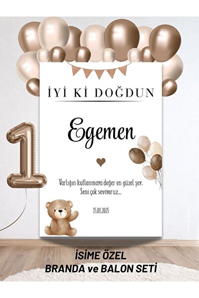 Hobi Sepeti İsimli Ayıcık Konseptli Balonlu Doğum Günü Duvar Brandası 40 Balo...
