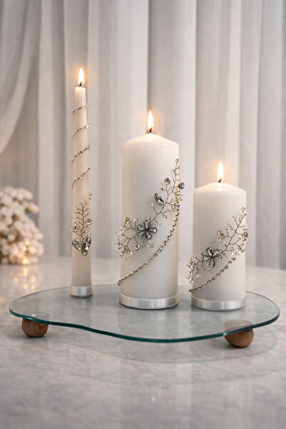 VİVA Kristal Taş Detaylı Dekoratif Premium Mum Seti – 3’lü,Şamdan ve Silindir...