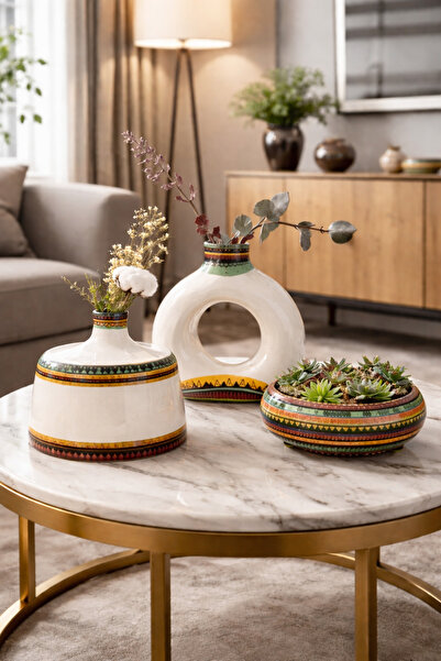 NK Nakkaş Serisi El Yapımı Dekoratif Seramik 3’lü Vazo & Sukulent Seti