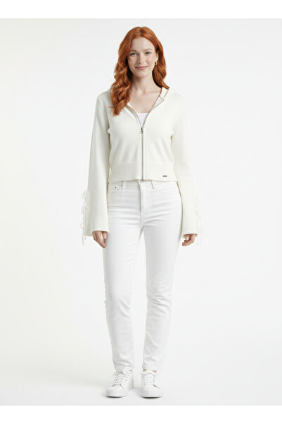 Neden Tekstil Cream Handle Ribbon Hooded Cropped Cardigan