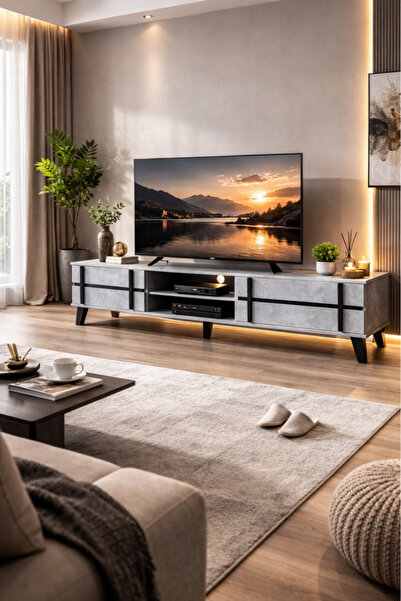 MARIA HOMES Stylish Grey TV Unit with Storage Cabinets Modern Media Console f...