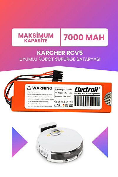 ELECTROLL Karcher Rcv5 Uyumlu Batarya (MAKSİMUM KAPASİTE) 7000mah Pil Robot S...