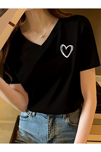 mercoledi Women's Heart Printed V-Neck Sleeved Regular Fit T-Shirt