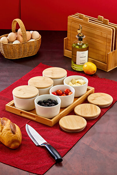 Cooker طقم فطور من البورسلين من ليو، بامبو قطع، 10 سم، مع 6 أغطية وصينية CKR3930