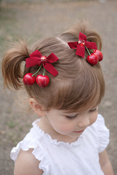 irtihal Kirazlı Fiyonklu Toka İkili Set – Kırmızı Taşlı Saç Tokası