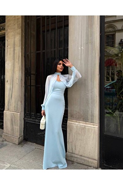 maf collection Women's Blue Tulle Piece Heart Collar Stone Detailed Chiffon L...