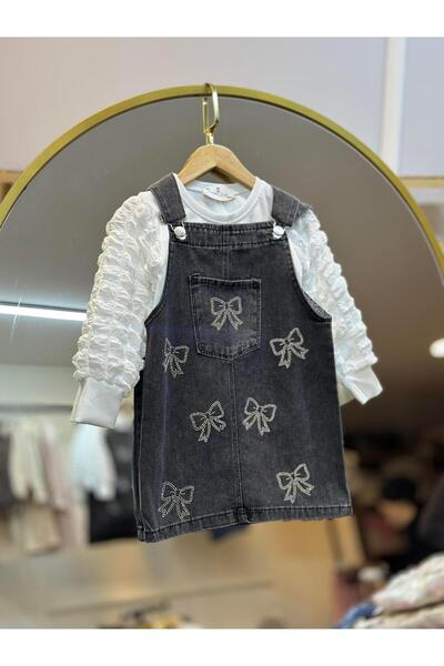 ArdenKids 3-7 Yaş Bürümcük Kollu Bluz & Antrasit Taş Detaylı Fiyonk Salopet E...