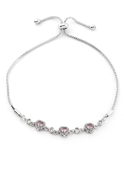naaksesuar Silver Color Pink Stone Heart Elevator Model Bracelet