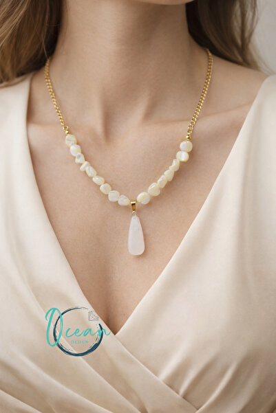 OceanDesign El yapımı Gerçek Taşı Kuvars Uç Kolye - 45 cm Paslanmaz Çelik Zincir