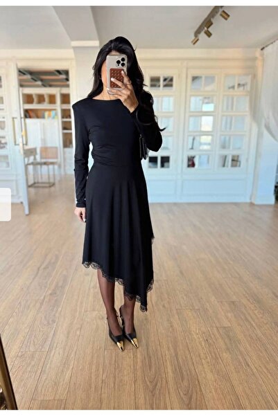 Look Kadıköy Kadın Asimetrik Kesim Dantel Detaylı Uzun Kollu Midi Elbise Şık ...