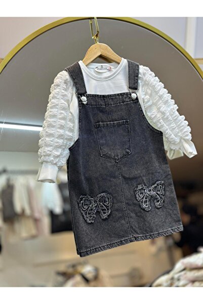 ArdenKids 3-7 Yaş Bürümcük Kollu Bluz & Antrasit Fiyonk Detaylı Salopet Elbise