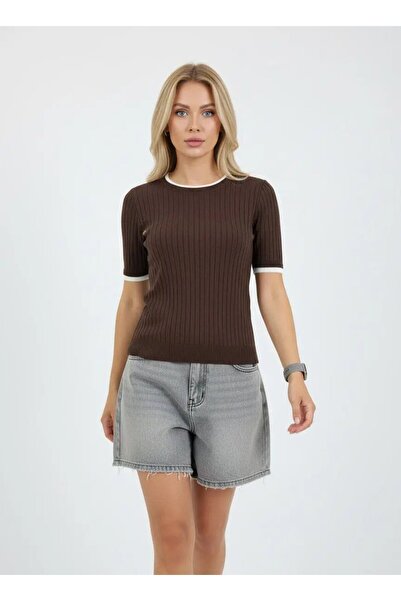 Park Karon Women's Crew Neck Paneled Ribbed Knit Knitwear Sweater 12415