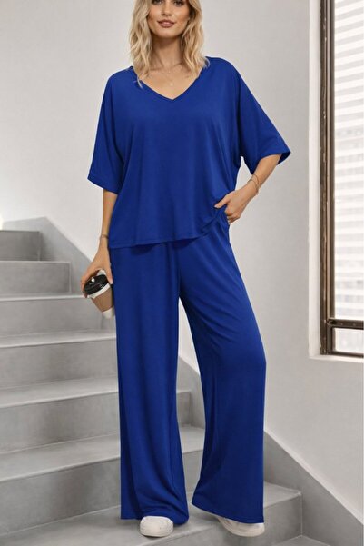 COjans Women's Short Sleeve V-Neck Viscose Blouse and Trousers Two-Piece Set