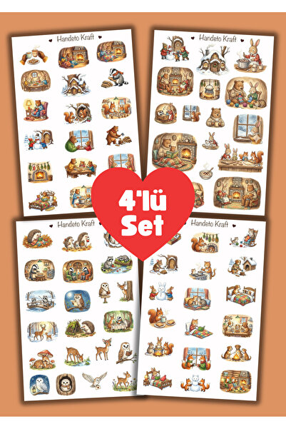 Handeto Kraft 4'lü Cozy Animal Sticker Set, Çıkartma, Scrapbook, Bullet Journ...