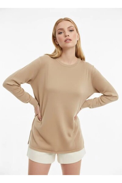 Park Karon Women's Crew Neck Sweater with Slit Premium Yarns on the Sides, Ca...