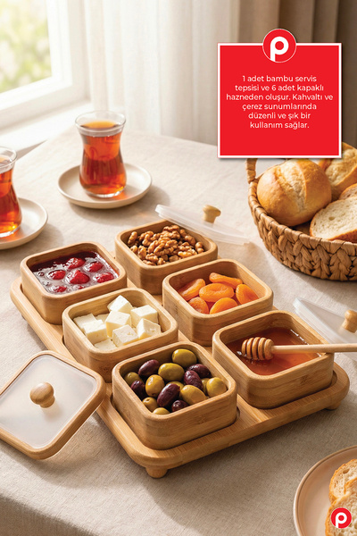 Pazarika Bambu Standlı Kapaklı 6’lı Kahvaltılık ve Çerezlik Seti - Kapaklı Sa...