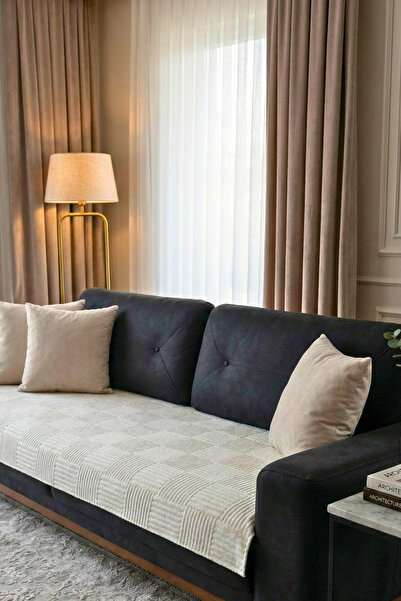 OTEXSA Non-Slip Sole Pcs Sofa Cover 100X200 cm Cream Embossed Patterned Soft-...