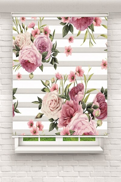 BASKICINIZ Pembe Gül ve Tomurcuk Desenli Romantik Zebra Perde – YZN-1051