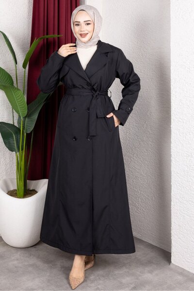 Rabia Zülal Kemer Detaylı Ve Astarlı Tam Boy Trençkot Siyah