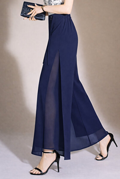 Hazel Women's Navy Blue High Waist Slit Double-Layered Chiffon Trousers