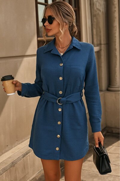 FRESCO SCARFS Дамска рокля с дълги ръкави, яка, копчета отпред и връзки в тал...