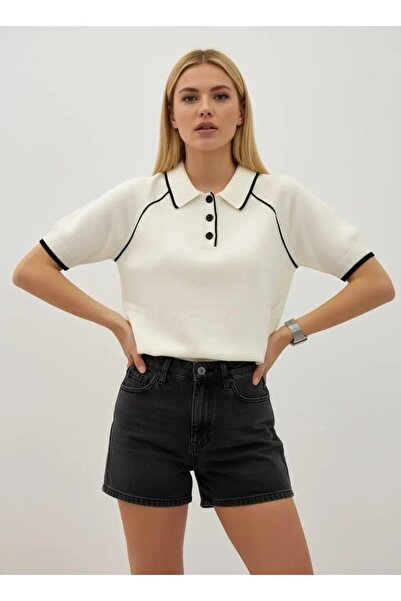 Park Karon Women's Polo Collar Stripe Detail Buttoned Knitwear Sweater 12432