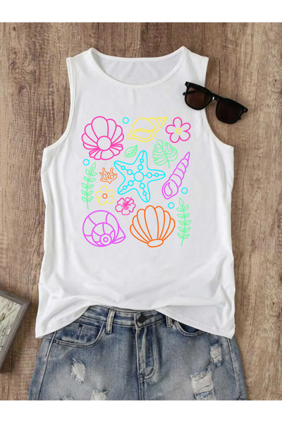 SUNFREE Summer Neon Sea Shell B Printed Summer Sleeveless Crew Neck Women's T...
