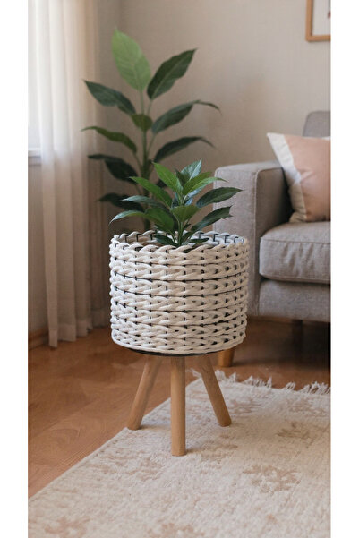 Bohem studio Ayaklı Örgü Çiçeklik – Beyaz Bohem Dekoratif Standlı Saksı