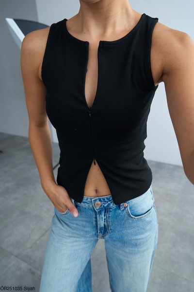 ibeeka Black Color Double Y Front Zippered Sleeveless Design Body - Blouse - ...