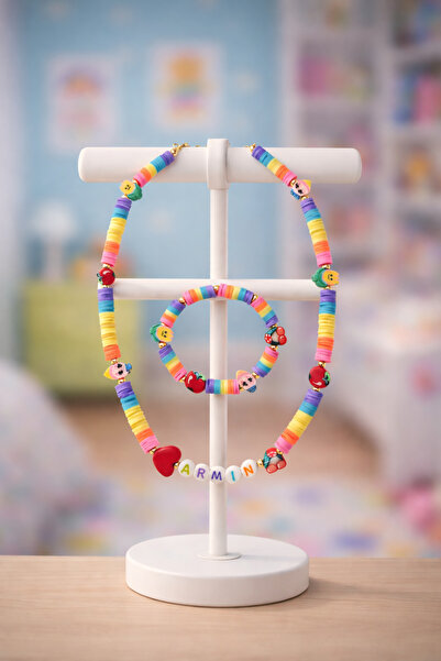 Moonbelle Kişiye Özel İsimli Kız Çocuk Kolye & Bileklik Seti – Renkli Boncukl...