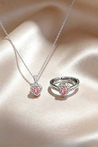 S&J TAKI Işıklı Özel Kutulu Gül Kuvars Rüyası Pembe Kalp Takı Seti Gümüş Kapl...