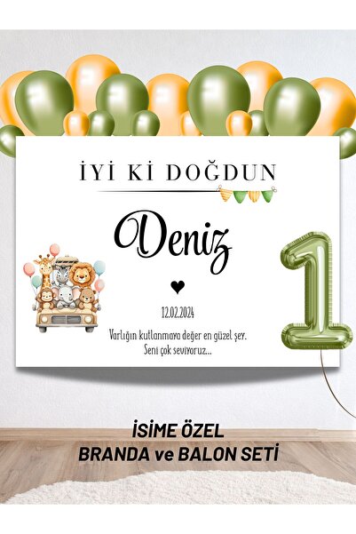 Hobi Sepeti İsimli Safari Konseptli Balonlu Doğum Günü Seti Duvar Brandası 40...