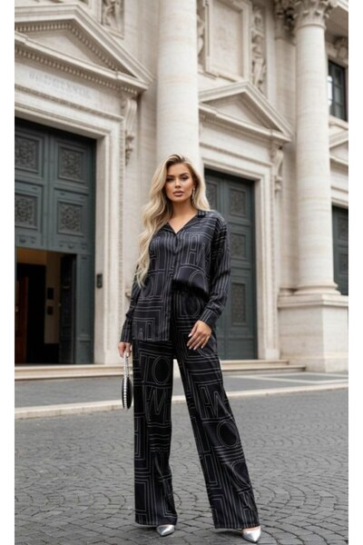 ANBLYs COLLECTION Double-Breasted Shirt and Pants Silk Mixed Satin Fabric Geo...