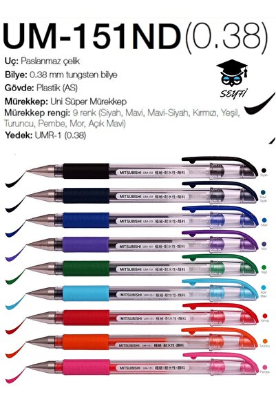 SEYFİKİRTASİYE Uni-Ball Signo Needle 0.38 Needle Tip Gel Pen Whole Colors 9Pc...