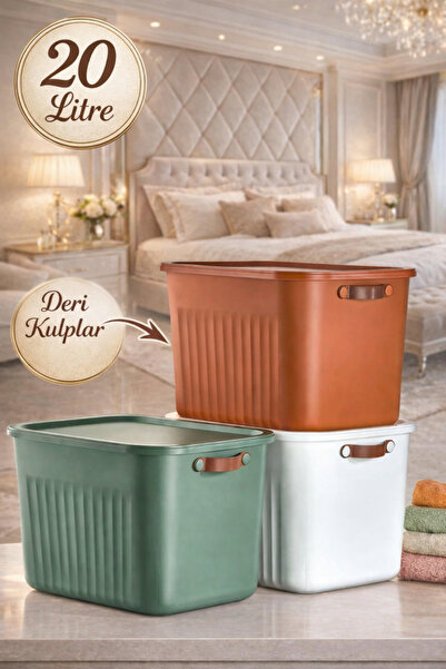 Mim Life 3’lü 10 Litre Kapaklı Düzenleyici Kutu | Deri Kulplu Çok Amaçlı Sakl...