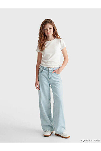 LC Waikiki Παιδικό τζιν παντελόνι LCW μπλε με φαρδύ πόδι και πέτρες για κορίτσια