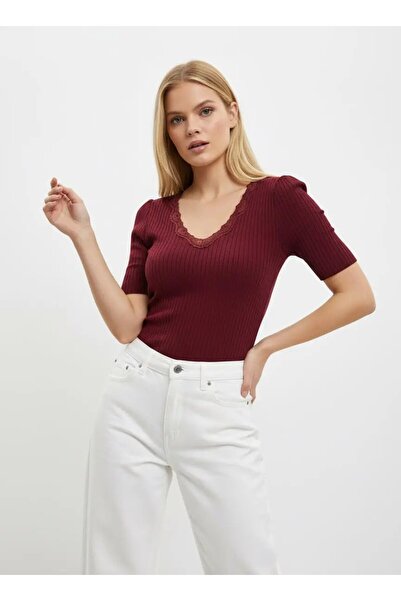 Park Karon Women's V-Neck Lace Detail Ribbed Knit Knitwear Sweater 12427.Vrt