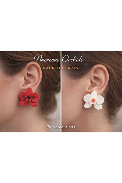 Nacreous Arts Nacreous Orchids Set of Two - Red and White Handmade Polymer Cl...
