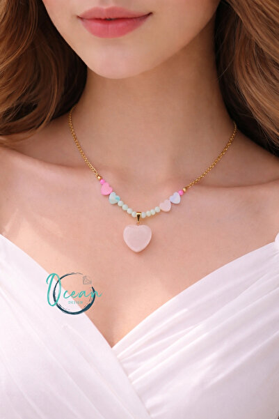 OceanDesign Real Stone Quartz Heart Pendant Women's Necklace 45 cm Stainless ...