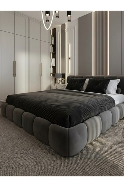 JACA 3'lü Kadife Kumaş Dekoratif Yatak Örtüsü &Fermuarlı İç Dolgulu Dikdörtge...