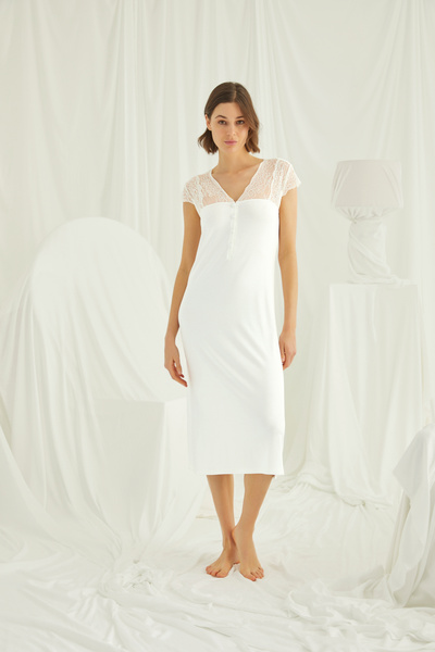 MONAMİSE Women'S, Ecru, Oversized Nightgown with Sleeves, Shoulders and Colla...