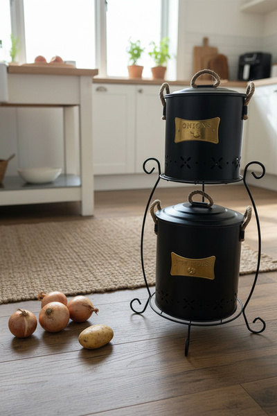 Feronyahome & Garden 2 Katlı Metal Standlı Patates Soğan Kovası Seti