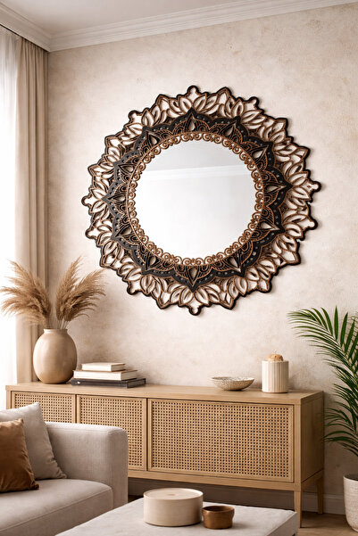 Mi Dizayn Dekoratif Mandala Lazer Kesim Ahşap Ayna