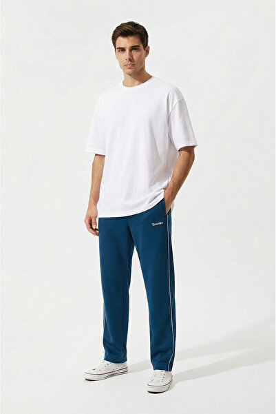 Quanlex Mavi Çift Biyeli Cebi Fermuarlı Rahat Kalıp Penye Eşofman Altı Düz Paça