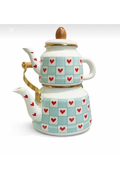 ALEV EMAYE Kalp Desenli Emaye Çaydanlık Takımı 2,5 Lt Alt Suluk 1 Lt Demlik E...