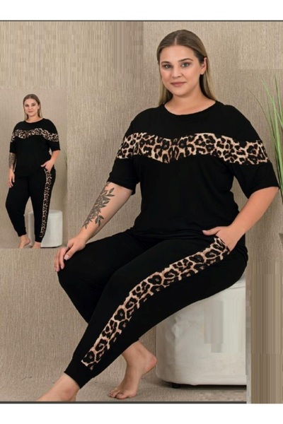 by İGP Black Leopard Printed Piece Short Sleeve Plus Size Oversized Pajama Set