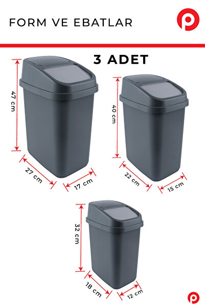 Pazarika 3'lü Çöp Kovası Seti 5+10+17 Litre - Banyo, Mutfak ve Ofis Tipi Kapaklı Çöp Kovası Takımı - Antrasit