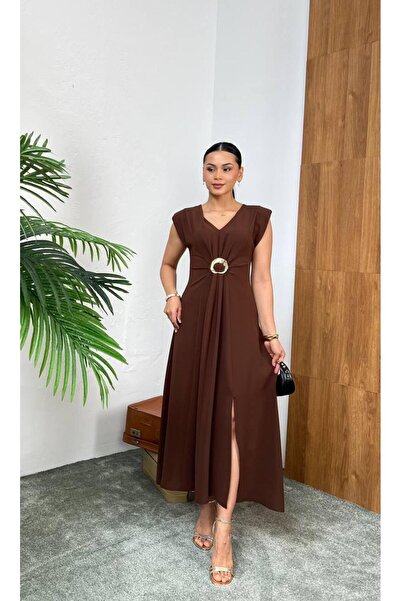 esinbutik فستان أسيلينا نسائي بياقة على شكل V وخصر بإبزيم