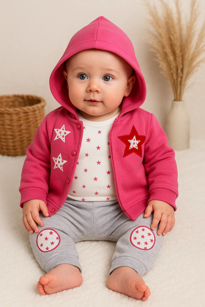 Generic Brand Star Embroidered Hooded Baby Girl Set