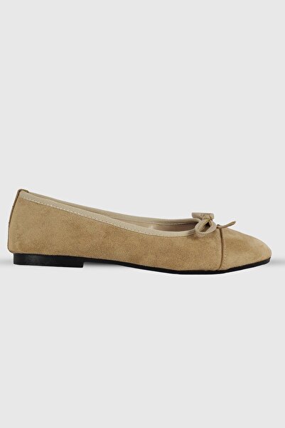 Modezya Nude Suede Bow Detail Oval Toe Women's Ballet Flats